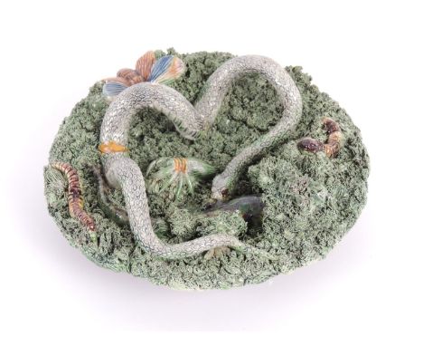 Jose Kune (Portugal), grotesque reptilian majolica plate, in the style of Palissy, centred with a snake attacking a lizard wi