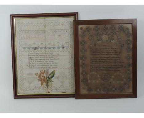 George III needlework sampler, by Catherine Burrell, dated 1802, 56cm x 44cm, framed; also a needlework sampler by Alice Alco