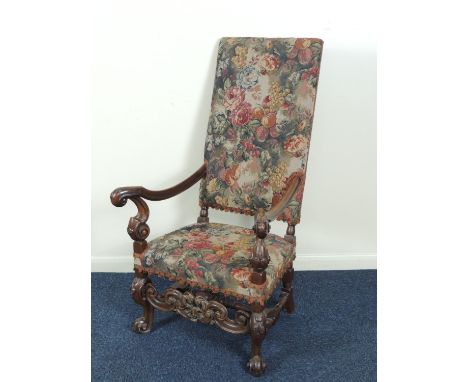 William and Mary style walnut and tapestry upholstered armchair, late 19th Century, height 127cm, width 69cm, depth 79cm (Ple