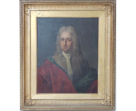 Follower of Godfrey Kneller, Portrait of a gentleman in a white scarf and scarlet overcoat, oil on canvas, 50cm x 40cm (Pleas