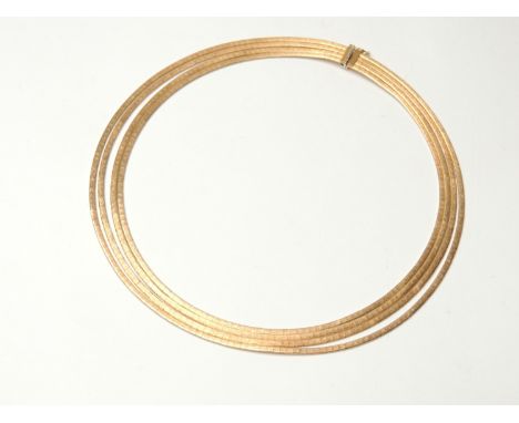 18ct gold satin finish four strand choker necklace, retailed by Mappin &amp; Webb, length 43cm, weight approx. 60.7g (Please 