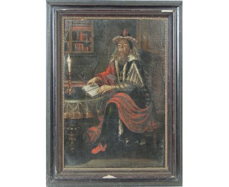 Continental School (19th Century), Portrait of a gentleman seated at a table, reading by candlelight, oil on relined canvas, 