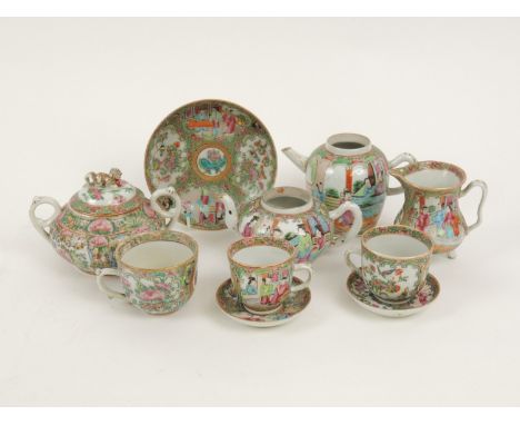 Number of Canton famille rose tea wares, including two lidless teapots, the largest 10.5cm; milk jug, 10cm; lidded sugar basi