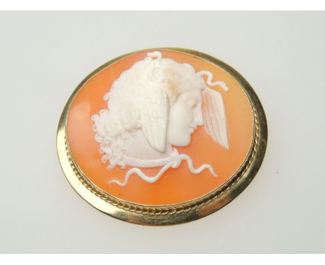 18ct gold mounted carved cameo brooch, featuring a portrait of Medusa, 55mm x 49mm, gross weight approx. 25.4g (Please note c
