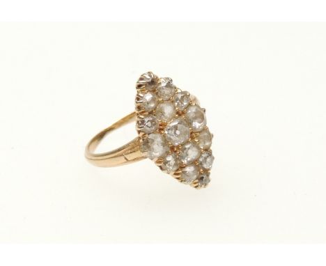 Diamond marquise cluster ring, set with fifteen old round cut diamonds, head size approx. 18mm x 11mm, all set in unmarked, u