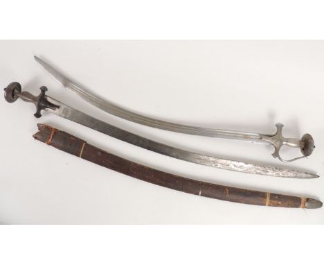 Indian Talwar sword, with leather clad wooden scabbard, 102cm; also another Talwar sword with fullered curved blade, length 9