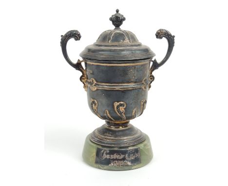 'Chester Cup' 1970 silver gilt trophy, by Adie Bros., Birmingham 1962, twin handled U-shape form with domed cover and stepped