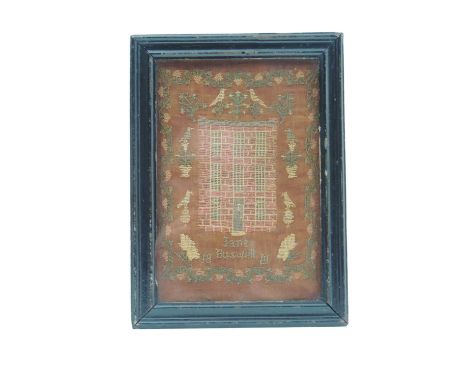Unusual small needlework sampler, by Jane Buswell, dated 1801, centred with a simplified country house within a border of bir