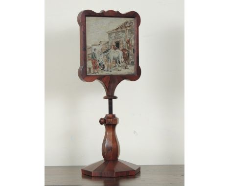 Early Victorian rosewood framed mirrored and tapestry table screen, adjustable over an octagonal base, height 49cm (Please no