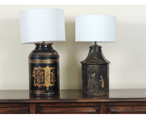 Gilt toleware tea canister, converted to a table lamp, height to the top of the shade 66cm; also a chinoiserie painted tole t