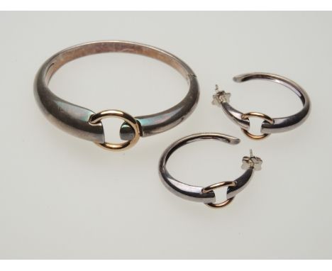 Mont Blanc silver and gold plated bangle and matching hoop earrings, the bangle cuff size 57mm, the ear hoops 30mm diameter, 