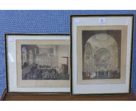A set of six Augustus Pugin and Thomas Rowlandson aquatint engravings, Leaden Hall Market, Newgate Chapel, Common Council Cha