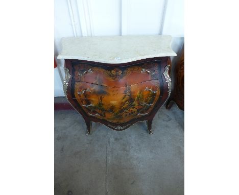 A reproduction French Louis XV Vernis Marlin bombé commode