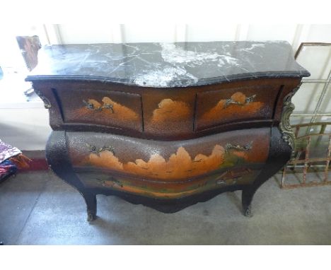 A reproduction French Louis XV Vernis Marlin bombé commode