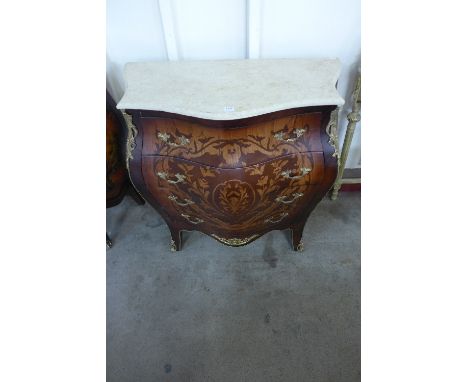 A reproduction French Louis XV marquetry effect bombé commode