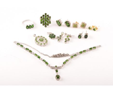 A group of silver and chrome diopside jewellery, including a silver and chrome diopside drop pendant necklace, a pair of coll