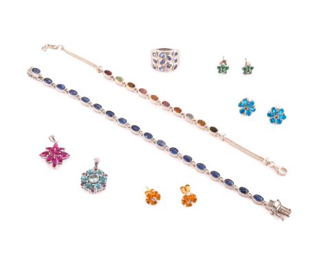 A silver and kyanite line bracelet, collet-set with oval-cut kyanite gemstones, together with a silver and mixed tourmaline b