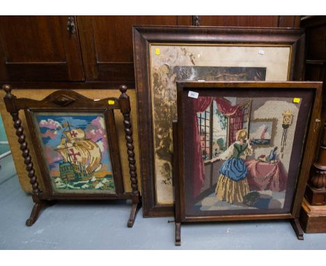 OAK FRAME TAPESTRY FIRE SCREEN AF + MAHOGANY SCREEN