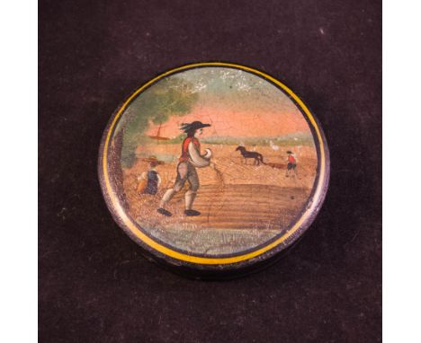 EARLY 18TH CENTURY SNUFF BOX DEPICTING PILGRIMS IN AMERICA