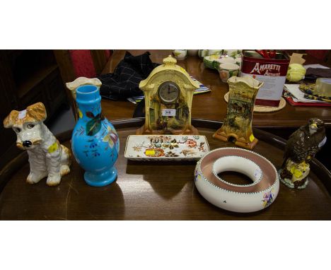 POOLE POSIE RING, MASONS DISH, SILVAC DOG, DOULTON BUZZARD, VASE + CLOCK SET