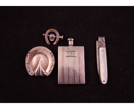 1920S AMERICAN SILVER PERFUME FLASK MARKED STERLING, 1814 GEORGIAN SILVER + MOTHER OF PEARL FRUIT KNIFE, HORSESHOE/JOCKEY BRO