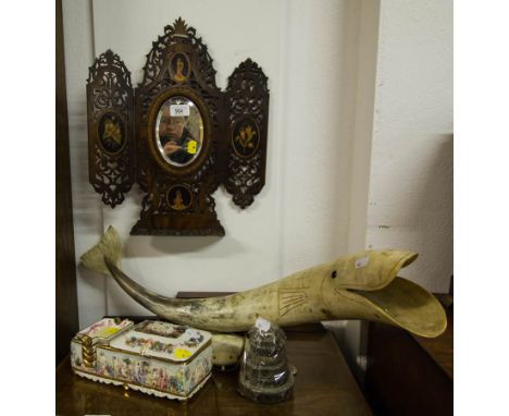 CAPODIMONTE BOX, ASHTRAYS + BRASS WEIGHTS + FRETWORK MIRROR + BUFFALO HORN LIGHT
