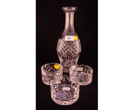WATERFORD DECANTER (NO STOPPER) + 3 ASHTRAYS