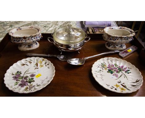 PAIR OF FLORAL PLATES, PAIR OF TUREENS, VEG DISH, SPOON, FORK ETC