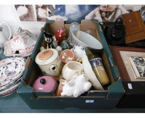 A box of mixed 20th century items including lamp shades and Doulton