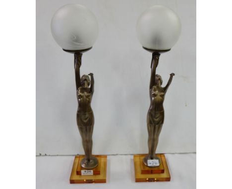 Matching Pair of electric Art Deco Table Lamps, figures of stretching ladies supporting glass light bowls, each 21”h 