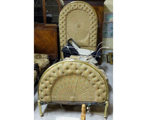 Brass framed bed, with padded and button head and base boards, green and yellow Morris style pattern, 3ft 6”w x 79”l