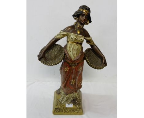 Oriental hand painted Plaster Figure of a Persian Woman wearing a red cloak, carrying two baskets, 22”h  