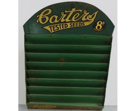 “Carters Tested Seeds” enamel shop display shelf for seeds, painted green, 27”h x 21”w