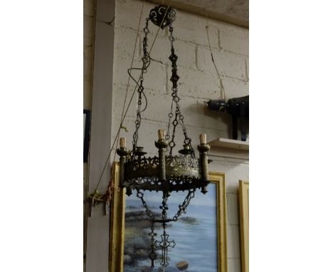 19thC Brass Hanging Ceiling Lamp, with eccelastical  features including a crucifix hanging finial, 4ft drop