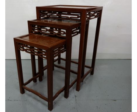 Nest of 3 Chinese Chippendale Mahogany Side Tables, on square legs, 18”w x 27”w