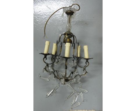French Brass Framed Ceiling Chandelier, with oval and tear shaped glass droplets, 5 light fittings, for re-wiring
