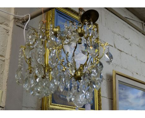 Matching Pair of French Brass Electric Ceiling Lights with oval glass drops (each with 4 light fittings), 21”h