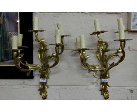 Matching Pair of Brass Wall Light Sconces, each with 5 shaped branches (electrified), each 18”h x 11”