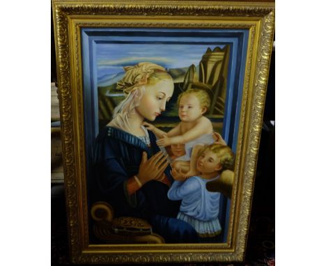 Oil on Canvas, Portrait of The Virgin Mary wearing a blue cloak, on a gilt stool, Jesus supported by two angels, signed Lacks