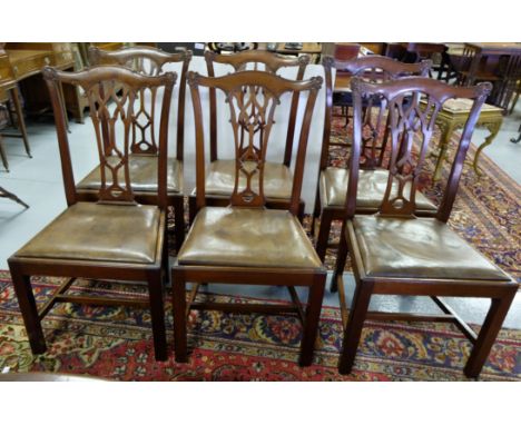 Matching Set of Six late-19thC Mahogany Chippendale Dining Chairs, with drop-in brown leather covered seats, square chamfered