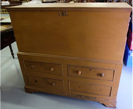 Antique pine Blanket Chest, the hinged lid enclosing the upper compartment, over 4 lower drawers, on bracket feet, 47.5”h x 5