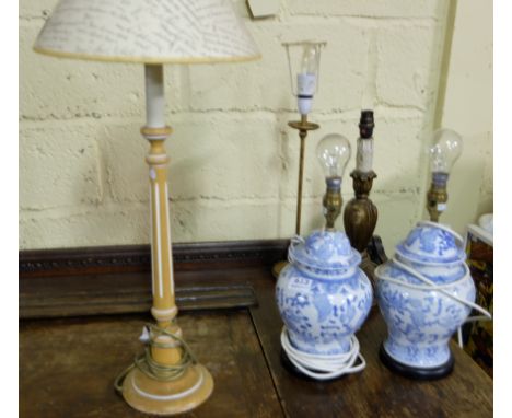 Pair of Blue and White Porcelain Table Lamps, 3 wooden table lamps, 1 oak ceiling light & a double branch copper light on met