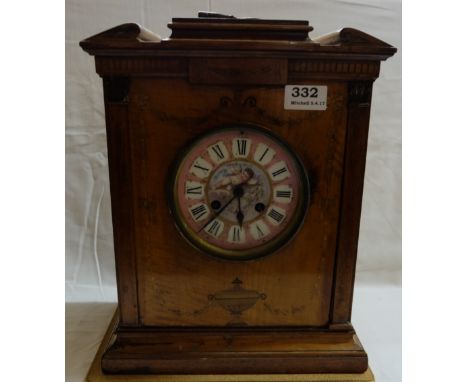 Edwardian Satinwood Cased Mantle Clock, the pink porcelain dial decorated with a cherub, working, 11”w x 14”h