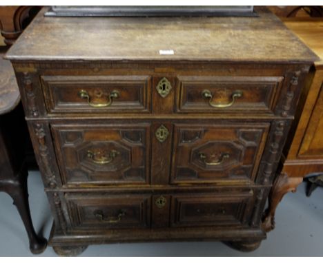 Georgian Oak Commode Chest of Drawers, 3 panelled drawers with brass handles, on large bun feet, 34”h x 34”w