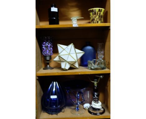 Bristol Glass Ceiling Light 1920’s, Murano Centrepiece & Crystal Lamps (chips), heavy glass cigar ashtray, beaded stone vase 