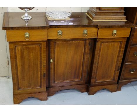 Edwardian Inlaid Mahogany Sideboard, with 3 frieze drawers over 3 lower cabinets, on bracket feet, lions head handles, polish