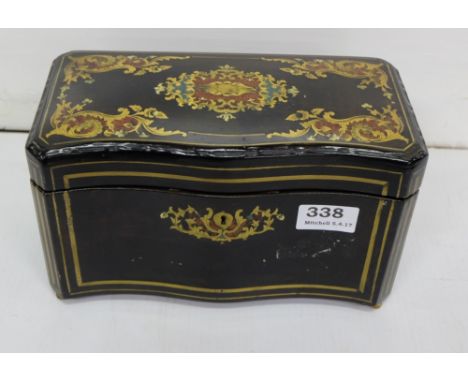 19thC Buhl Cigar Caddy, the ebonised exterior decoratively inlaid with tortoiseshell and brass, opening to a cigar tray and t
