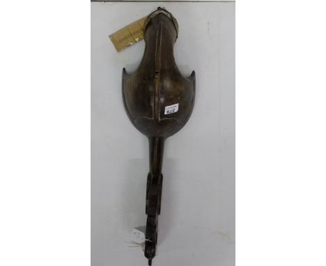 19thC Indo-Persian (Khyber Region) Sorud Qeychak , carved hardwood helmet, vellum finial, 26”h