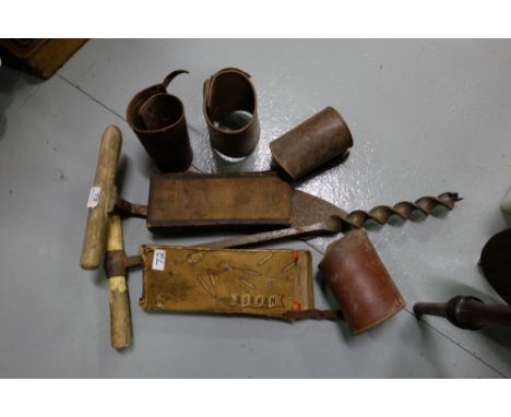 Carpenters Plane, 2 x clippers, large cork screw, metal pot lid, trowel (7)