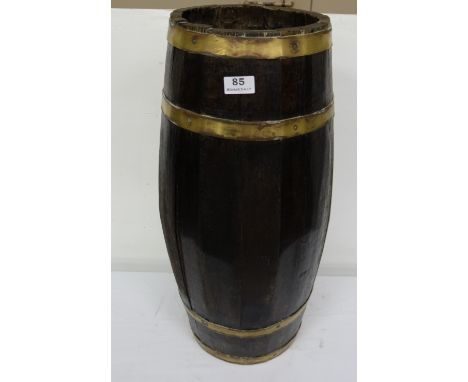 Barrel Shaped Oak Stick Stand, with brass banding, 25”h
